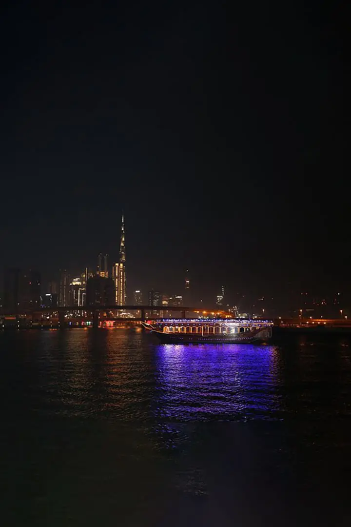 Panoramic View of Burj Khalifa from Zabeel Dhow Cruise in Water Canal