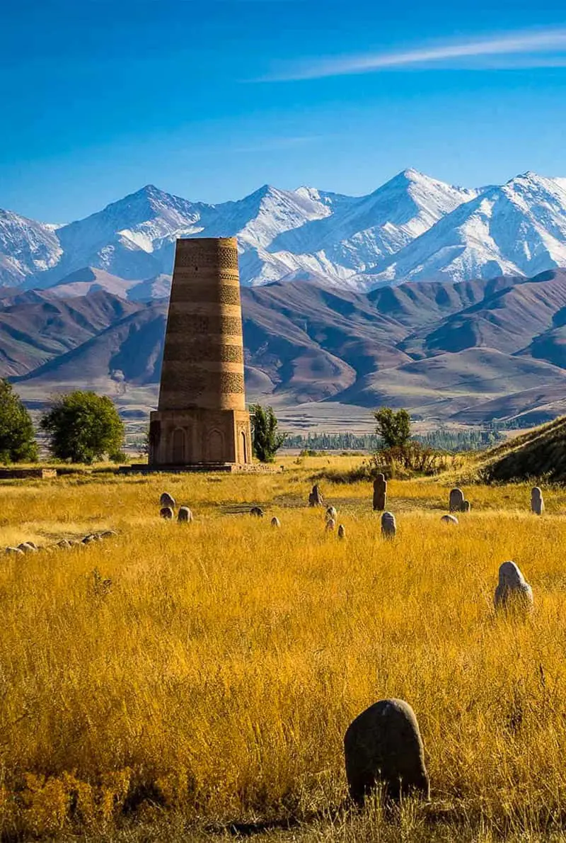 A field and a view of a mountain and a tower in the middle in Kyrgystan